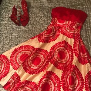 Monsoon red & ivory silk strapless cocktail dress